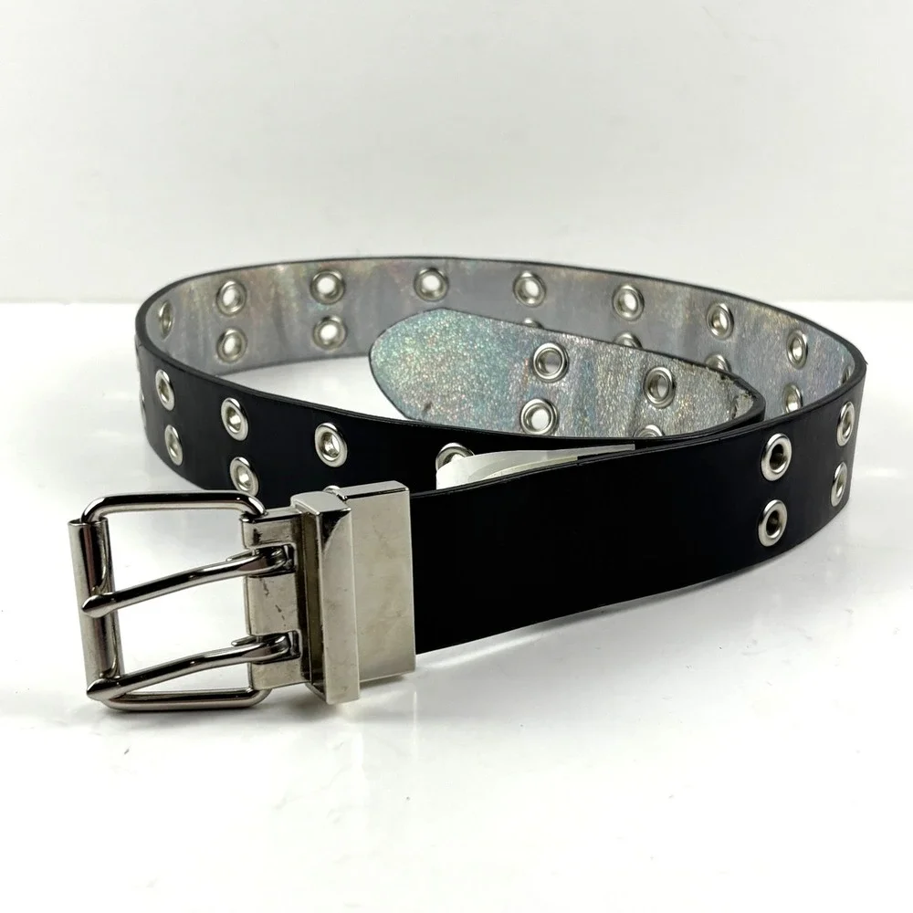 Reversible Holographic Silver Grommet Belt Unisex Large Black 2-Row Y2k Grunge